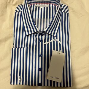 TM Lewin Blue & White Striped Fully Fitted Button Down Shirt - UK 18; US 16